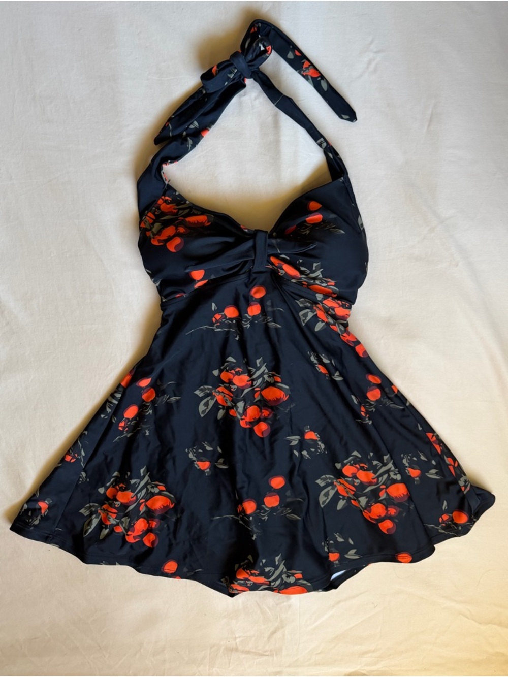 COCOSHIP Black Citrus Print Swim Suit Mini Dress One Piece Halter Flowy Skirt